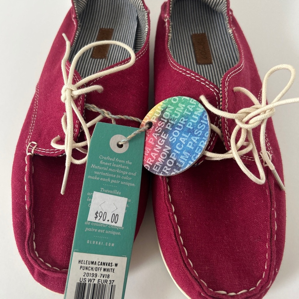 Olukai Helena Women's Canvas Boat Deck Shoes Sz 7 W Punch/Off White Pink New $90
